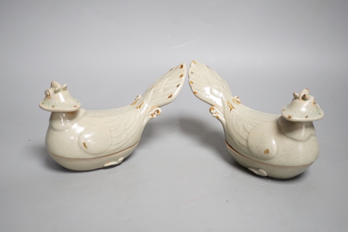 A pair of Chinese celadon glazed 'bird' vessels and covers 16cm